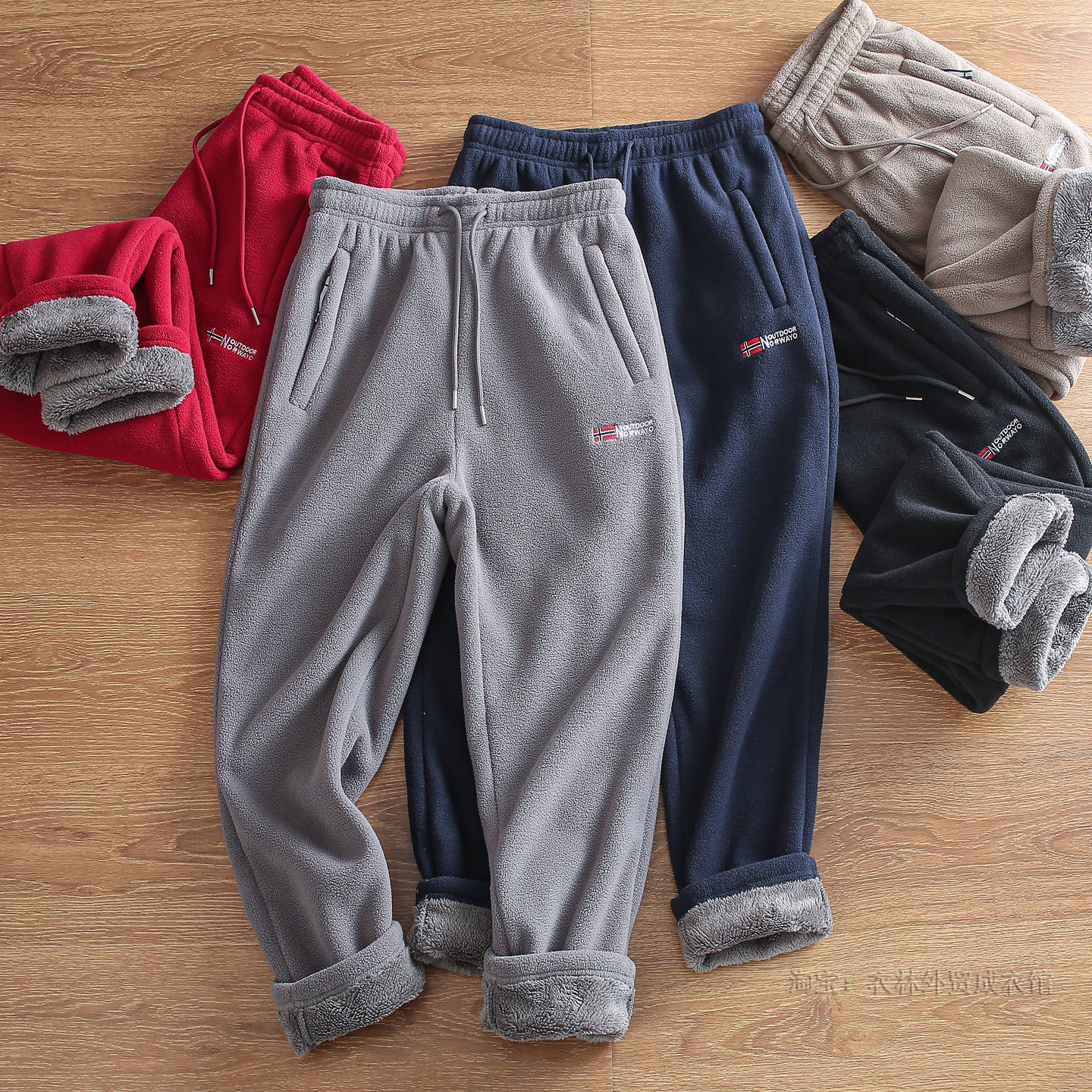 挪威单 冬季男士刺绣加厚羊羔绒防风保暖直筒运动休闲摇粒绒卫裤