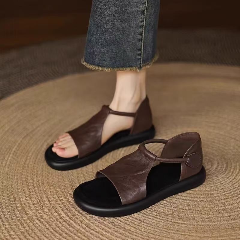 软皮凉鞋女2026年夏季新款平底魔术贴休闲露趾软底凉鞋女罗马鞋