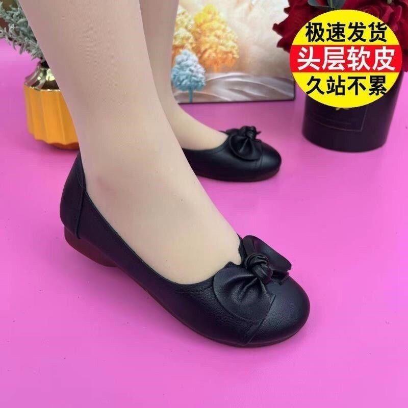 真软皮四季单鞋女2026新款牛筋软底圆头妈妈鞋平底防滑皮鞋豆豆鞋
