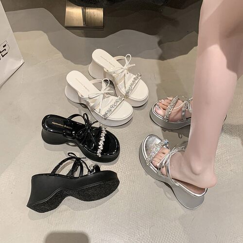 厚底增高8cm拖鞋女夏高跟一字拖百搭软底凉拖蝴蝶结水钻坡跟拖鞋