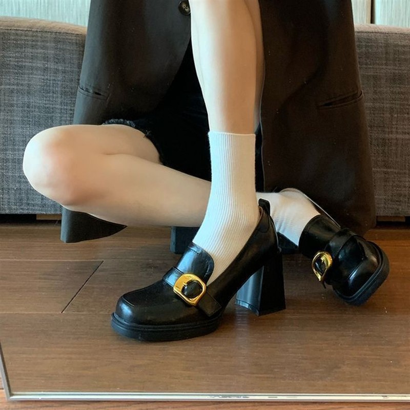 春秋英伦风一脚蹬乐福鞋方头高跟小皮鞋女鞋子粗跟单鞋玛丽珍女鞋