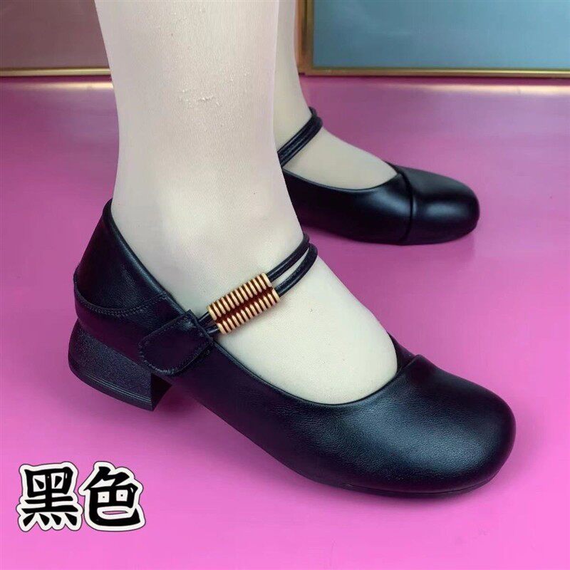 舞蹈皮鞋跳舞软底软面妈妈一字扣带广场舞低跟防滑耐磨中年黑色