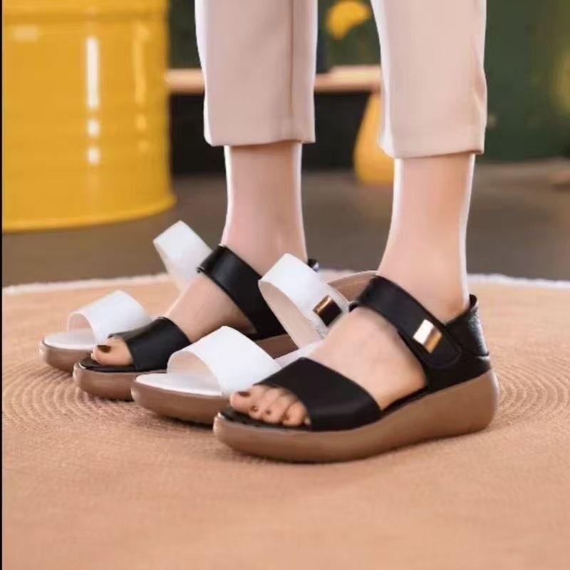 时尚平底凉鞋女真皮夏季新款韩版休闲百搭妈妈鞋厚底防滑鞋皮面鞋