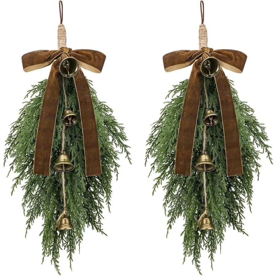 2 Pack Christmas Greenery Cedar Teardrop Swag with Velvet Ri