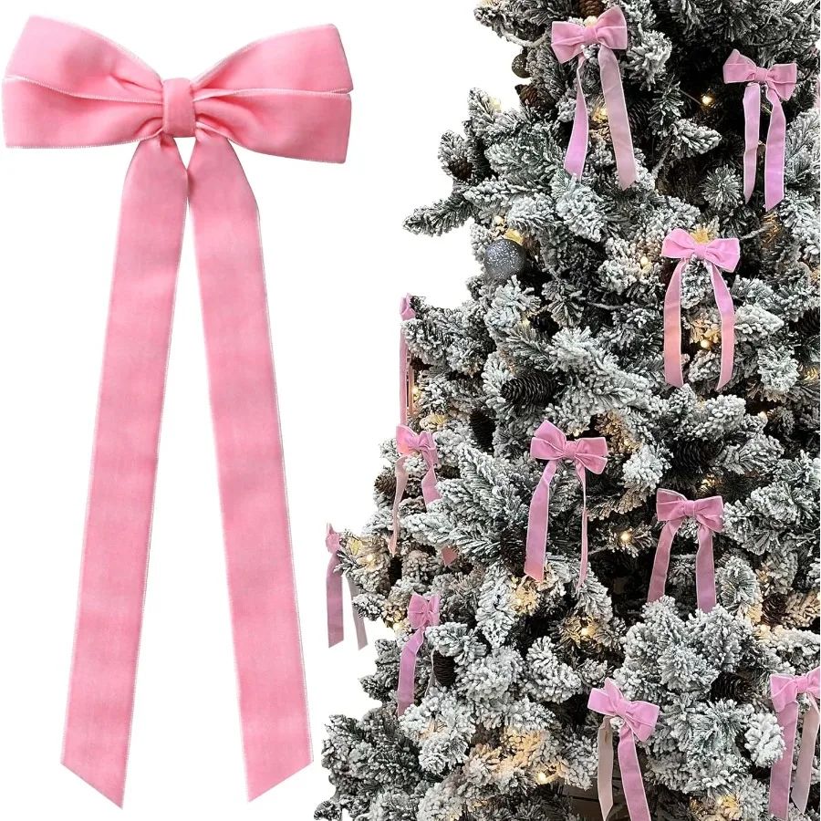 12Pcs Pink Velvet Bows Christmas Tree Decorations 5in x 10in