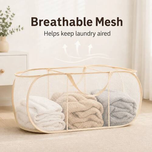 3 Compartment Laundry Basket Mesh Hamper with Handles Open T