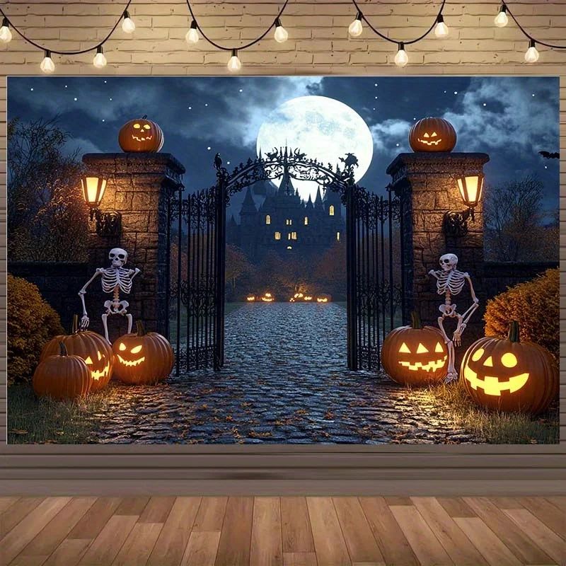 1 Halloween background with skull lantern full moon and terr