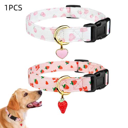 Solid Cotton Dog Collar Cute Heart And Strawberry Pendant De