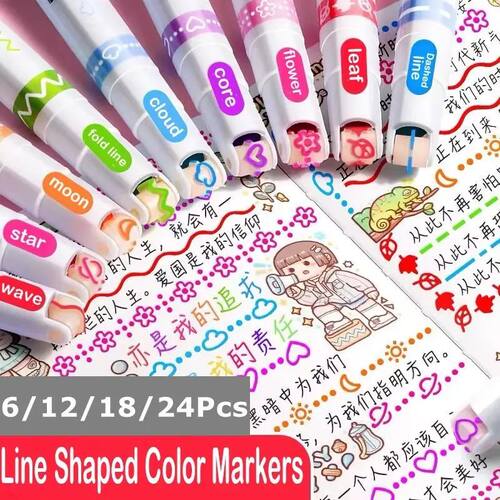 6/12/18/24Pcs Flower Pattern Highlighters Roller Tip Curve L