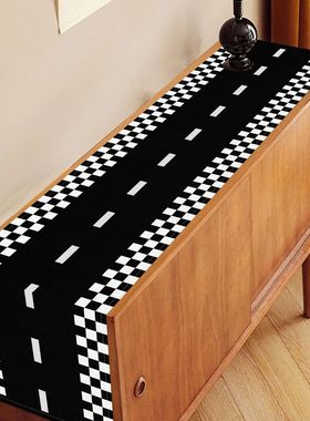 Linen Racetrack Table Runner Race Car Black White Checkered