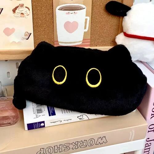 Pen Bag Large Capacity Cute Black Cat Plush Cartoon Statione