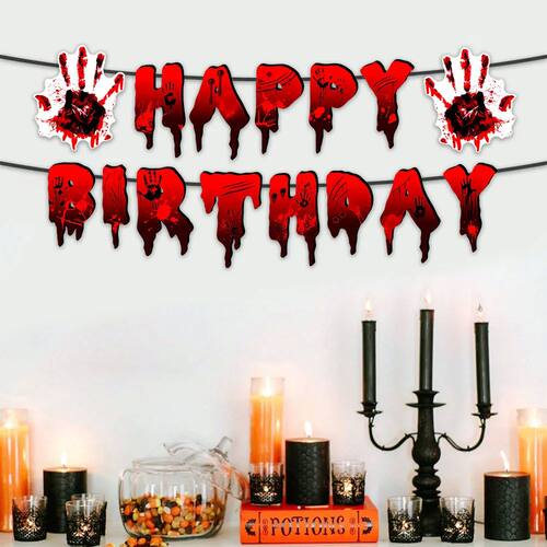 Bloody Hand Print Happy Birthday Paper Banner Horror Themed