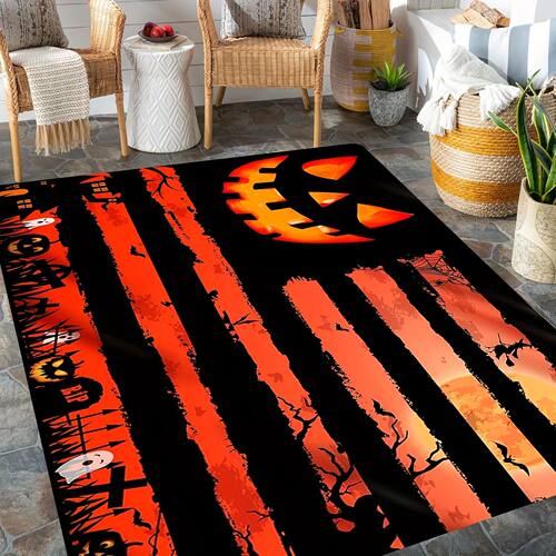 Spooky Halloween Area Rug with Pumpkin and Tombstones Flanne