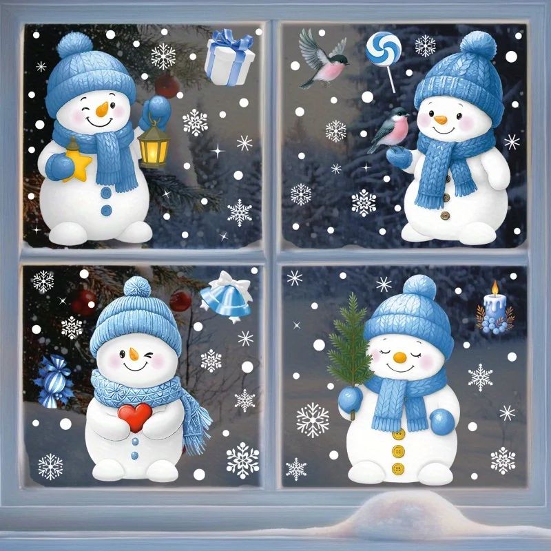 4pcs Winter Christmas Window Cling Stickers Watercolor Blue