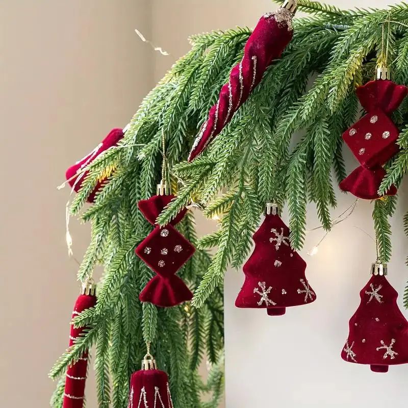 2Pcs Red Velvet Christmas Tree Ornaments Candy Cane Bell Ici