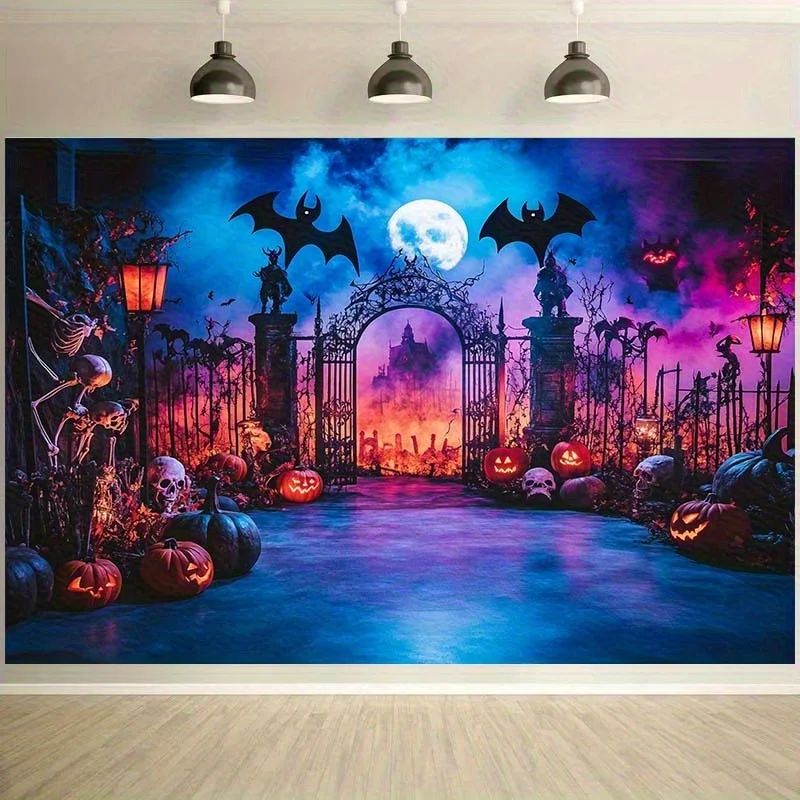 2D flat Halloween themed background with pumpkin bat full mo