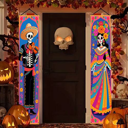 2pcs Mexican Dia De Los Muertos Door Banner Sugar Skull Skel