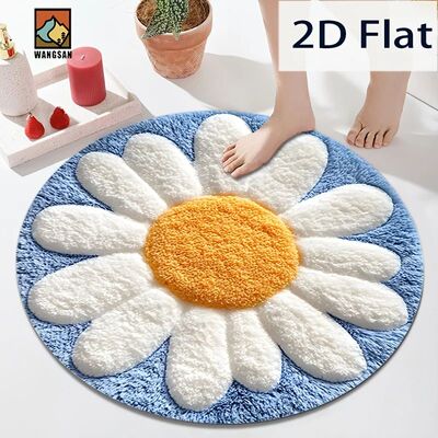 Daisy Flower Round Rug Blue White Yellow Flannel Soft 2D Fla