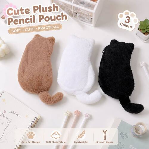 Cute Back View Cat Plush Pencil Pouch Soft Fluffy Fabric Zip
