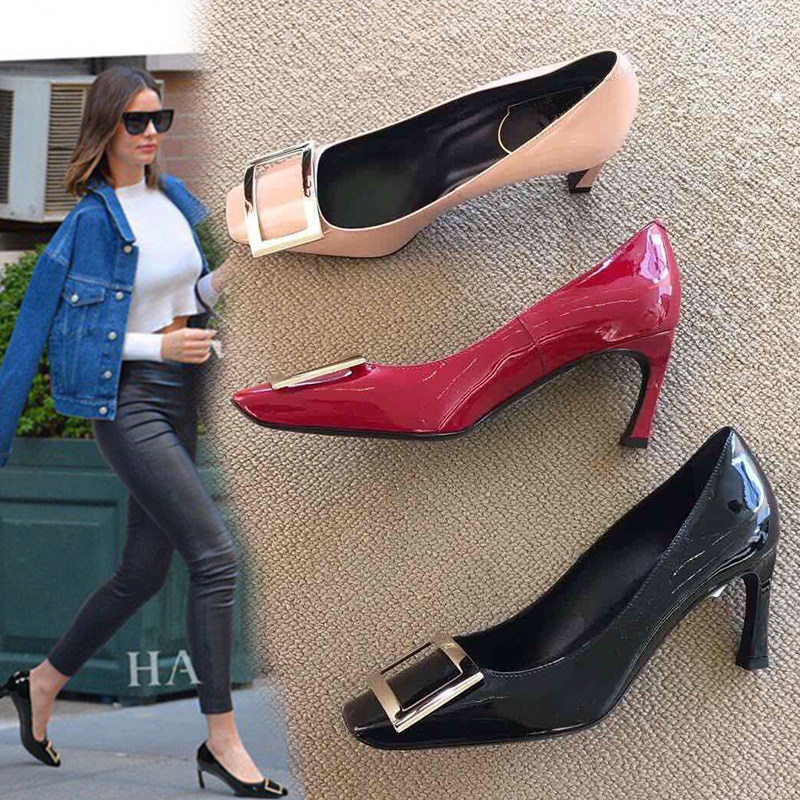 特爱美佳单鞋御姐方扣香蕉跟浅口