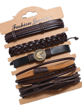 调节复古男手链手镯5组 真牛皮手链女情侣手环 hand catenary men