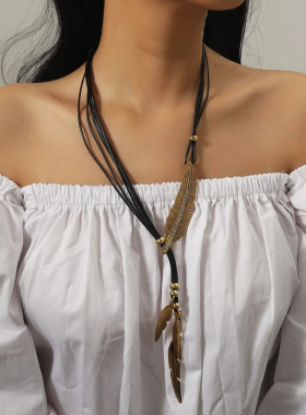多层皮绳流苏叶子女项链毛衣链 leaves necklace women jewelry
