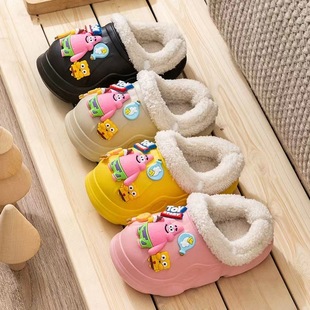 海绵宝宝棉拖鞋冬男童女童室内家居不包跟宝宝防滑小中大童毛拖鞋