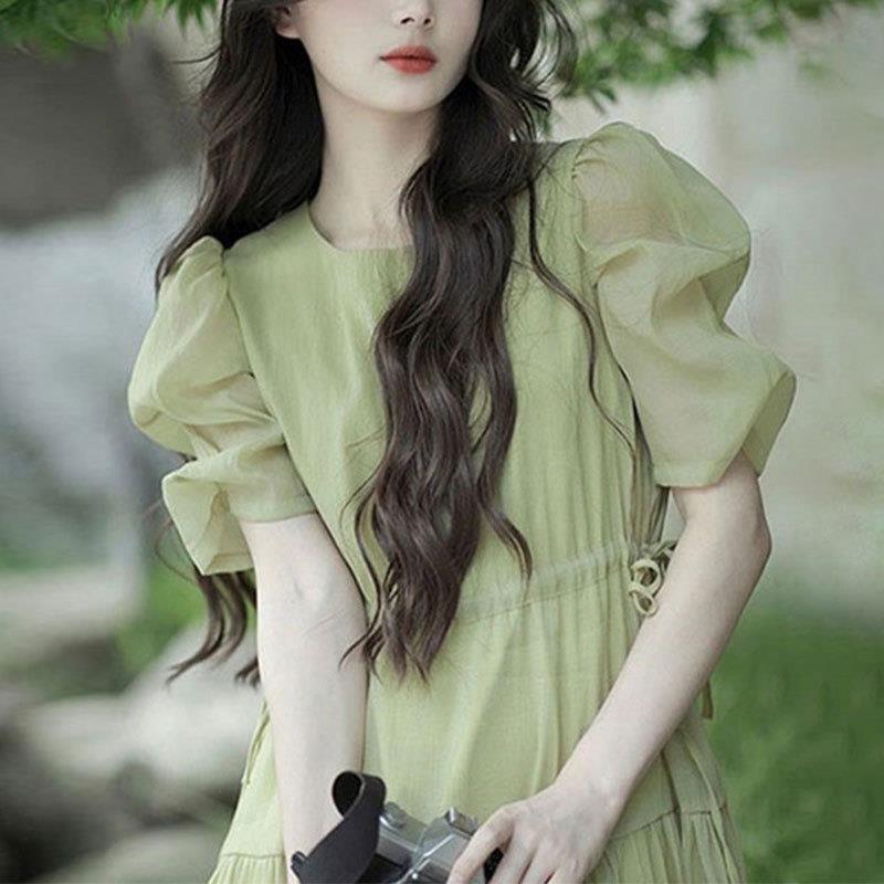 2026夏季新款法式小清新雪纺连衣裙女显瘦森系小个子泡泡袖仙女裙