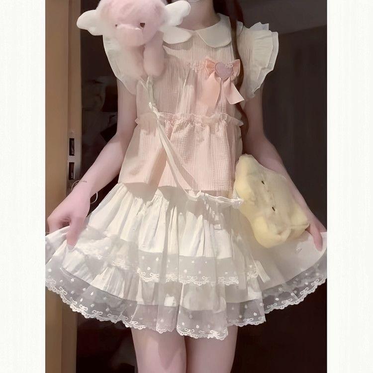 夏季甜美浅粉色娃娃领衬衫高腰蓬蓬裙穿搭学院风两件套装