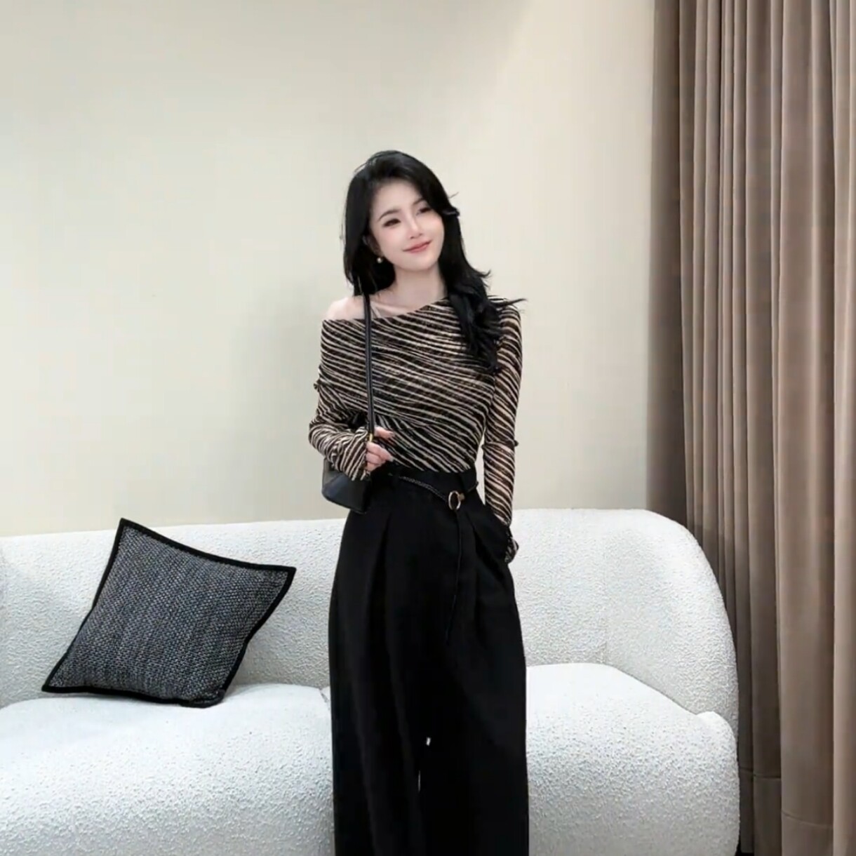 设计感斑马纹长袖T恤女2025秋季新款打底衫上衣+裤子套装