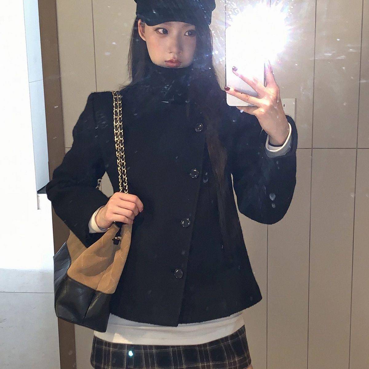新款韩版加厚夹棉毛呢大衣冬呢子上衣显瘦短款立领黑色毛呢外套女