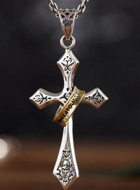 简约百搭复古十字架项链男潮流个性长款毛衣链罗马立体十字架吊坠