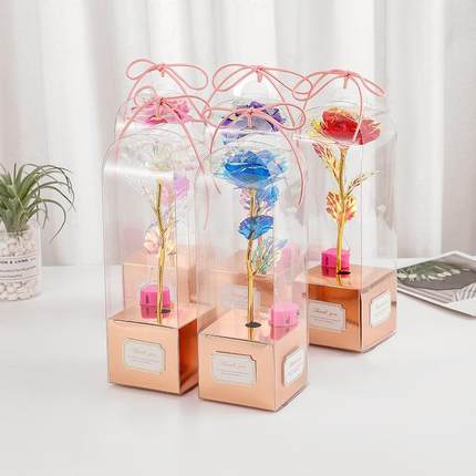 金箔玫瑰花LED发光PVC盒装彩金玫瑰花教师节情人节礼物摆件地摊