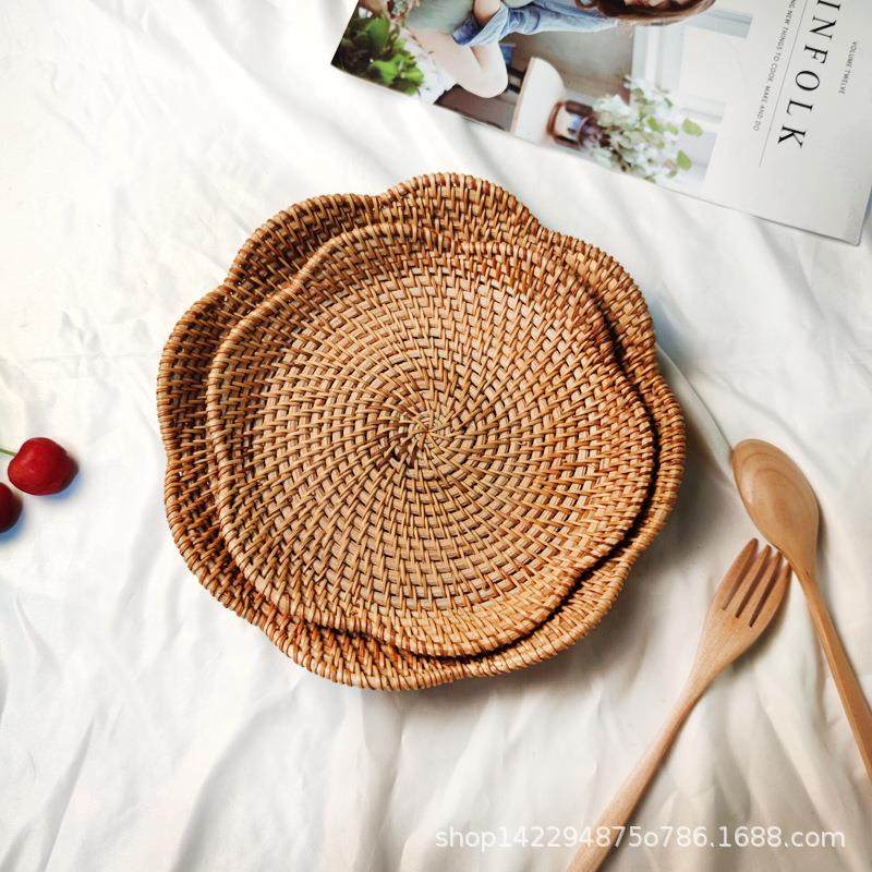 直供越南秋藤编织果篮收纳筐糖果零食点心水果盘花边莲花碟