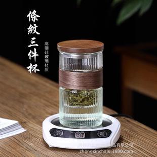 玻璃水杯木套防烫绿茶杯锤纹茶水分离带盖过滤办公室泡茶杯热水杯