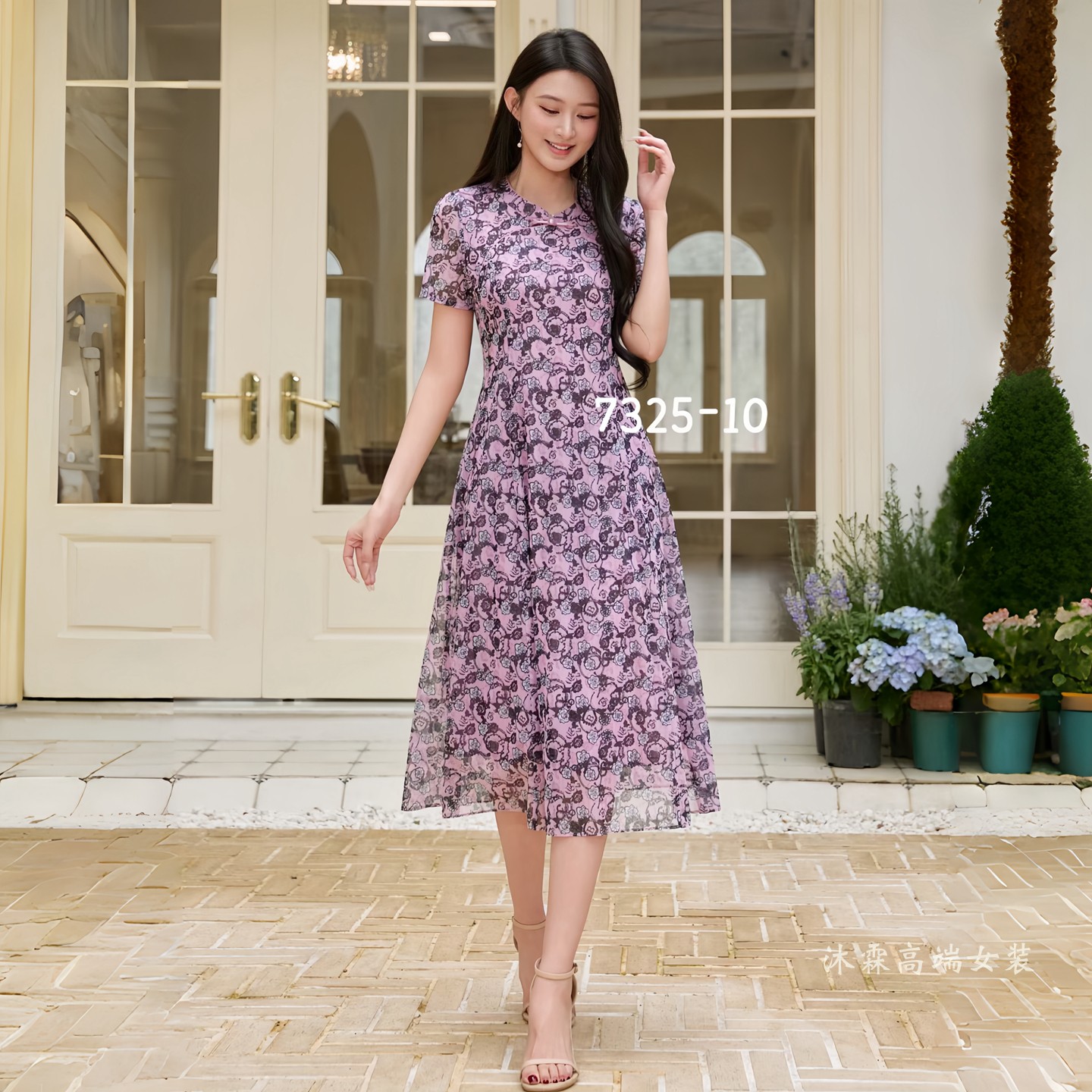 凯永2026夏季新款台湾纱料连衣裙隆穈丝女修身显瘦气质妈妈装7325