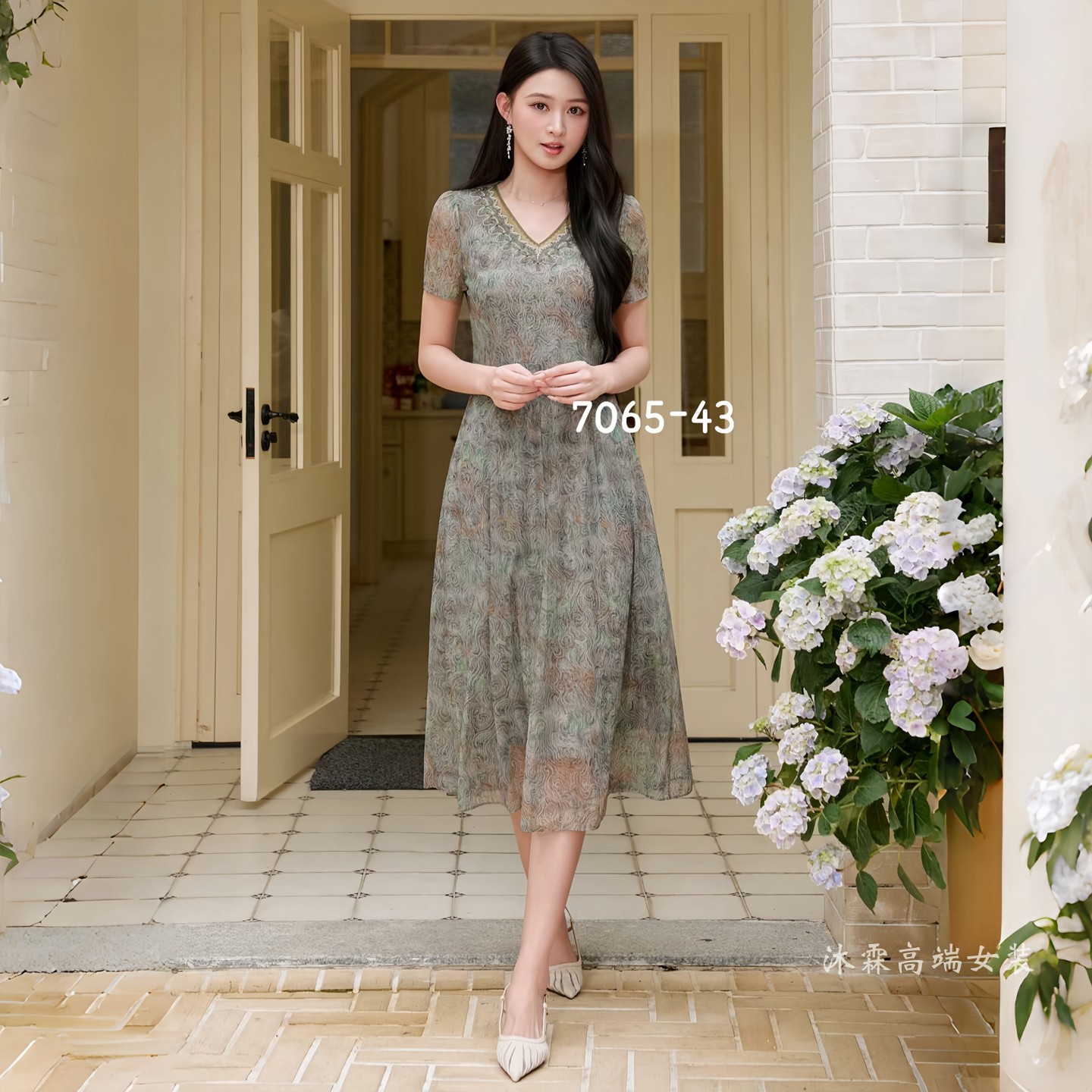 凯永2026夏季新款台湾纱料连衣裙隆穈丝女修身显瘦气质妈妈装7065