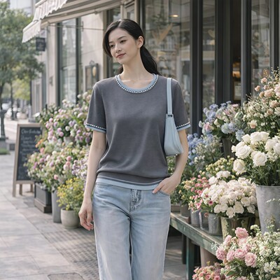 1668美季然亮2026夏季新大码显瘦莱赛尔天丝针织衫上衣t恤690306