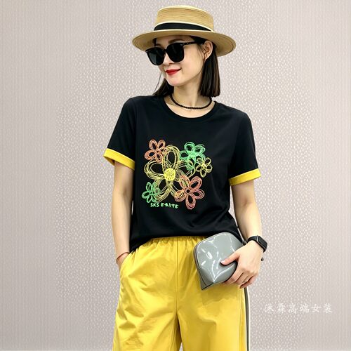 雅姿赏色珊瑚花2026夏季新款上衣大码显瘦宽松修身百搭t恤衫71064