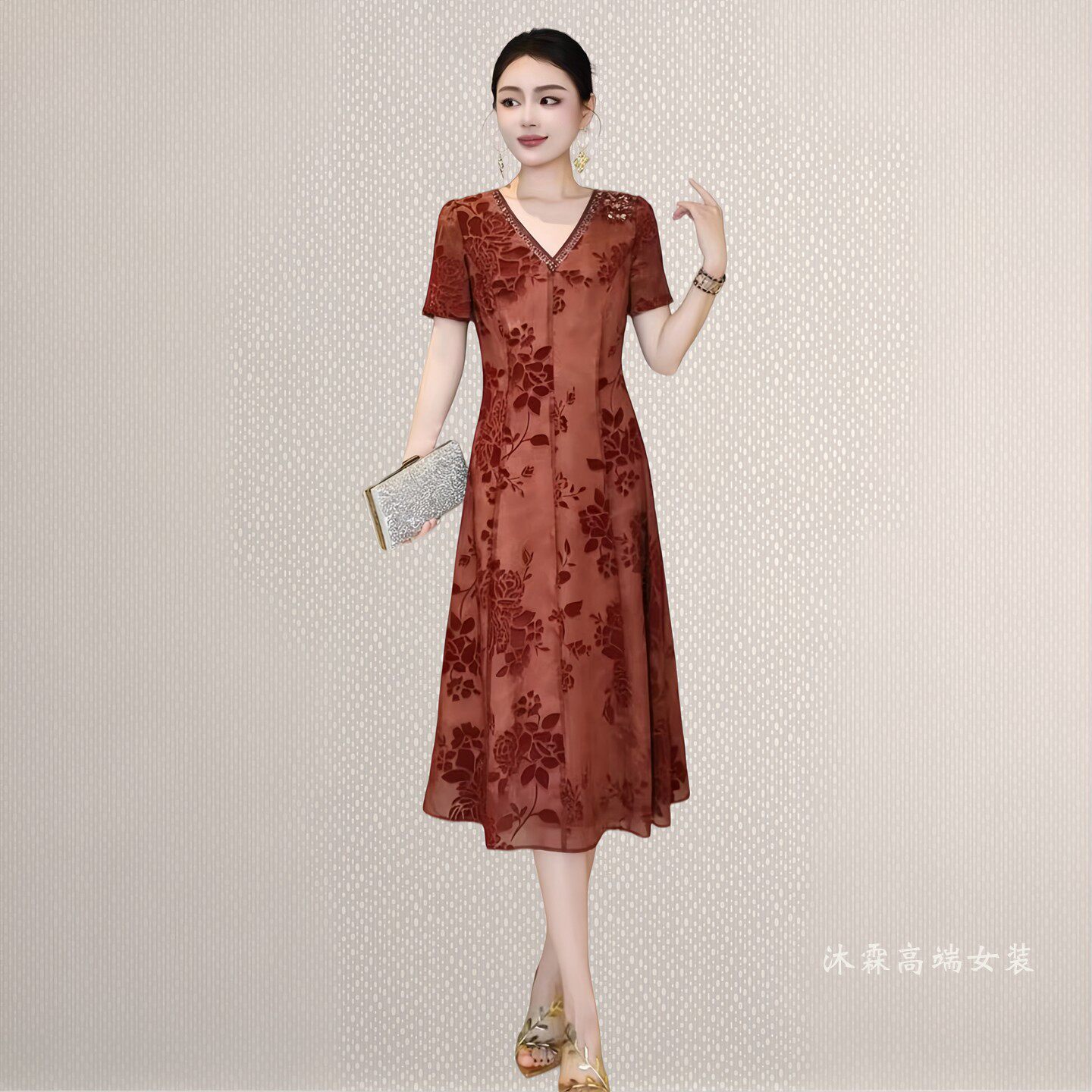 沐紫霖2026夏季新款时尚显瘦大码气质修身妈妈婚宴礼服连衣裙8030