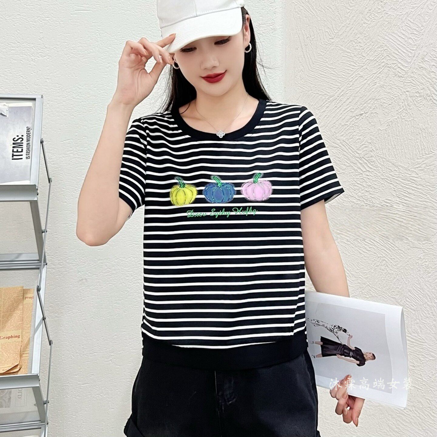 雅姿赏色珊瑚花2026夏季新款上衣大码显瘦宽松修身百搭t恤衫84025