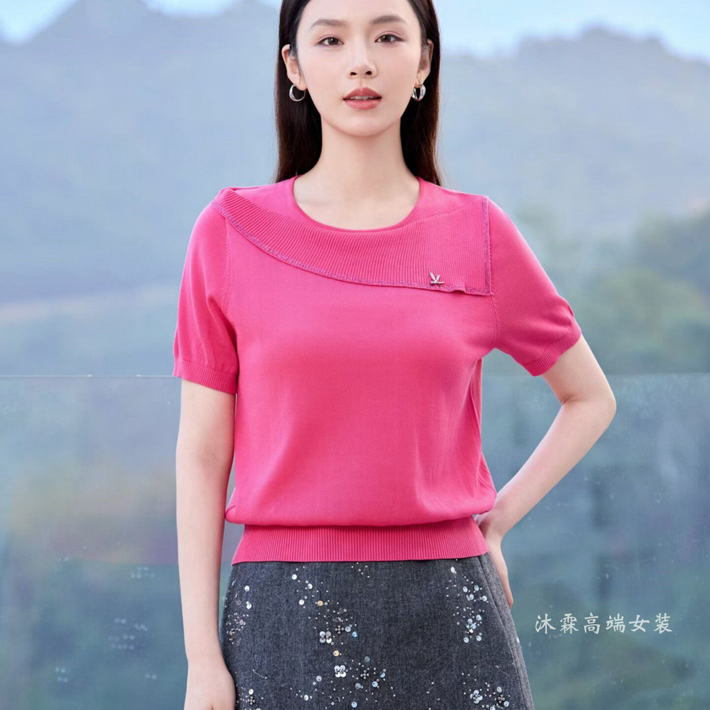 沐紫霖2026夏季新款大码显瘦宽松莱赛尔天丝针织衫女上衣t恤57126