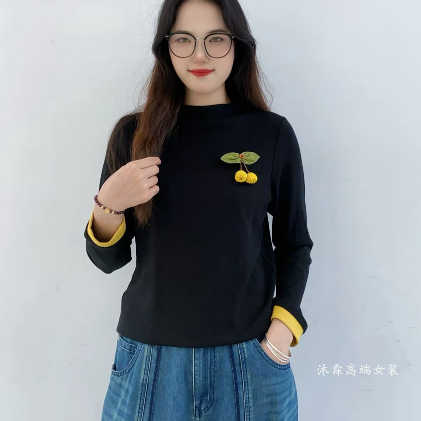 雅姿赏色珊瑚花2025秋冬新款上衣大码显瘦宽松修身百搭t恤衫48034