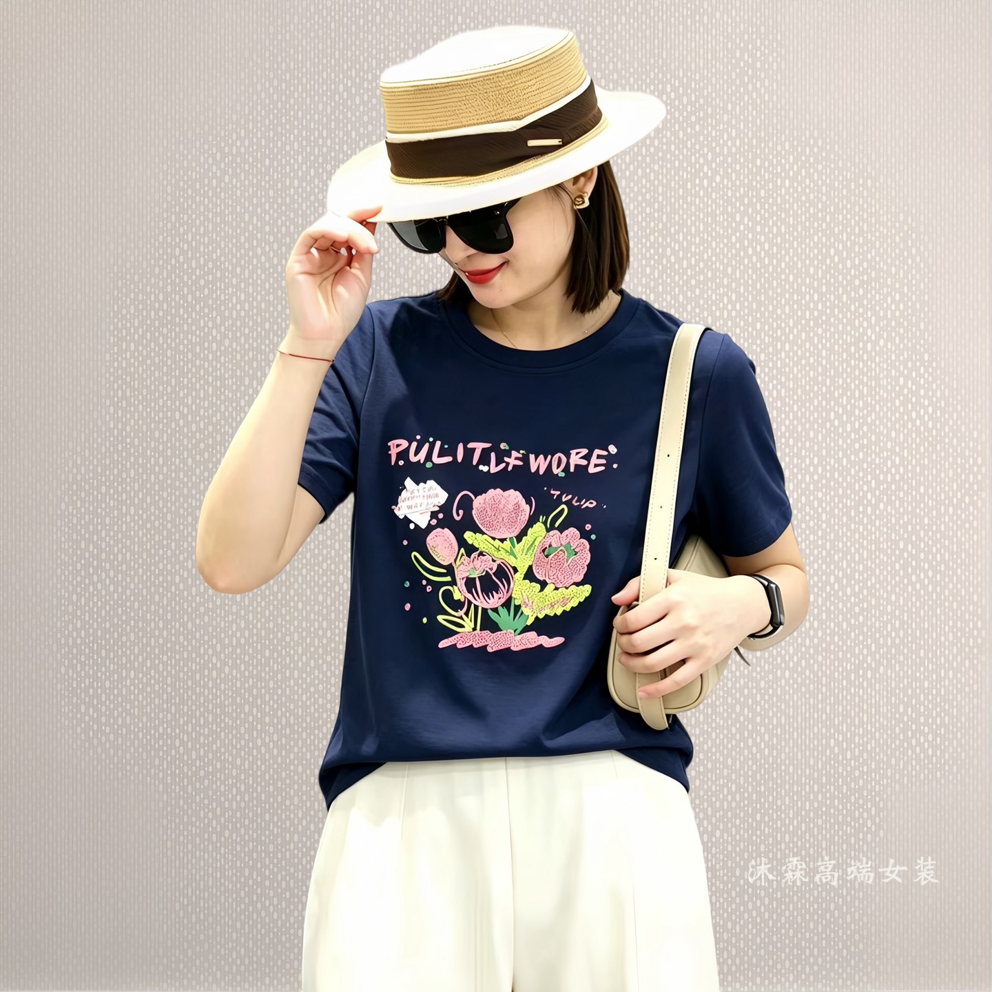 雅姿赏色珊瑚花2026夏季新款上衣大码显瘦宽松修身百搭t恤衫75052