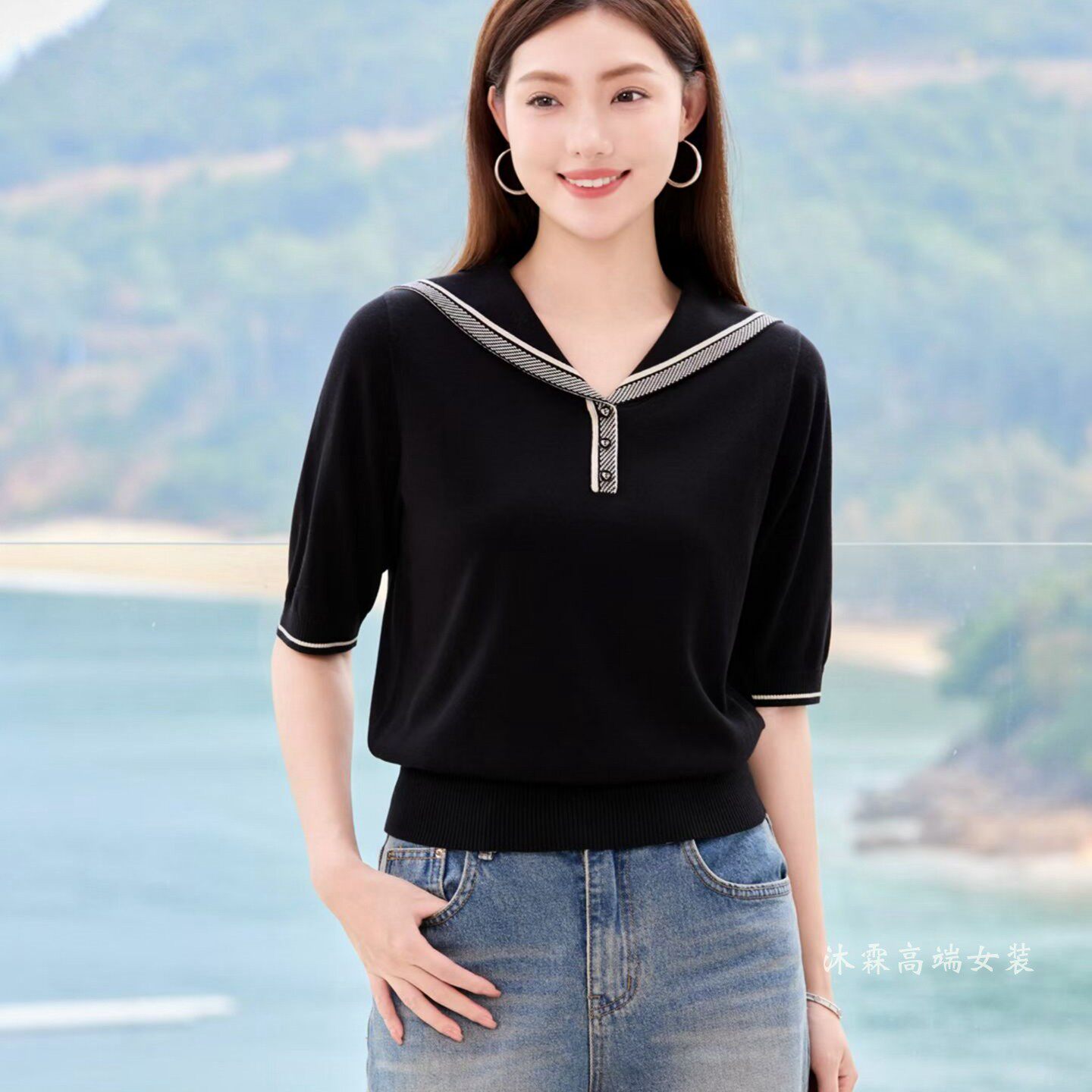 沐紫霖2026春夏季新款大码显瘦宽松莱赛尔天丝针织衫上衣t恤57038