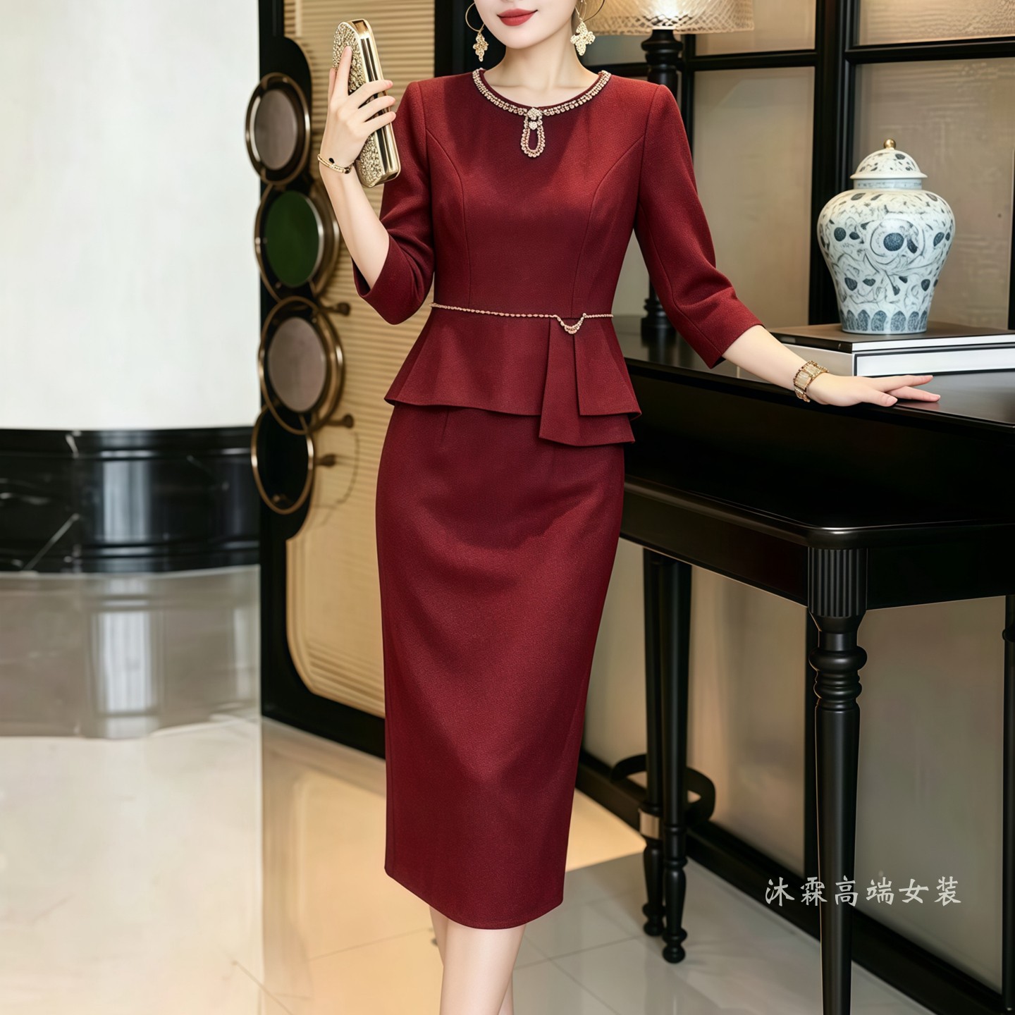 沐紫霖2026秋冬新款时尚显瘦大码气质修身妈妈婚宴礼服连衣裙5010