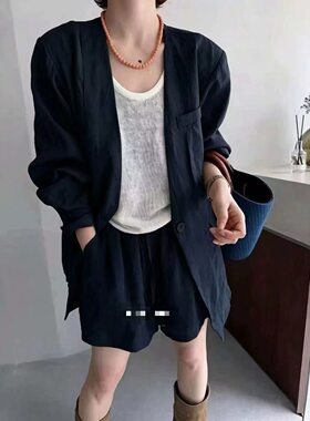 975款  V领麻料长袖防晒衣短裤气质套装 丹