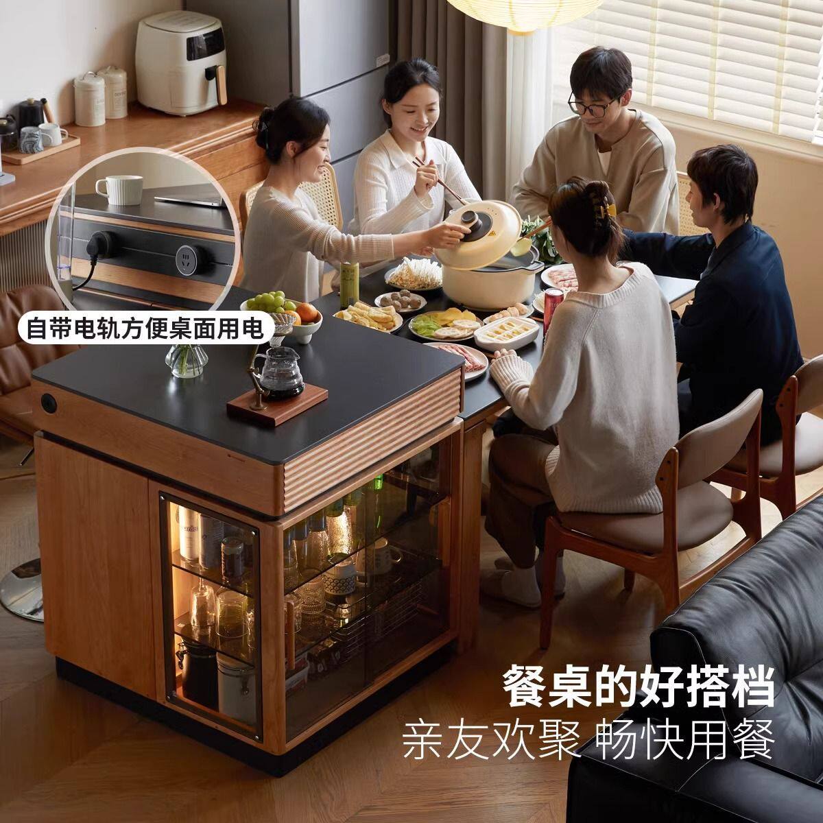 吉祥实木实木岛台餐桌小户型家用多功能吧台桌餐厅复古樱桃木边柜