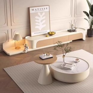 奶油风实木岩板茶几客厅家用原木色拉伸电视柜组合大小户型落地柜