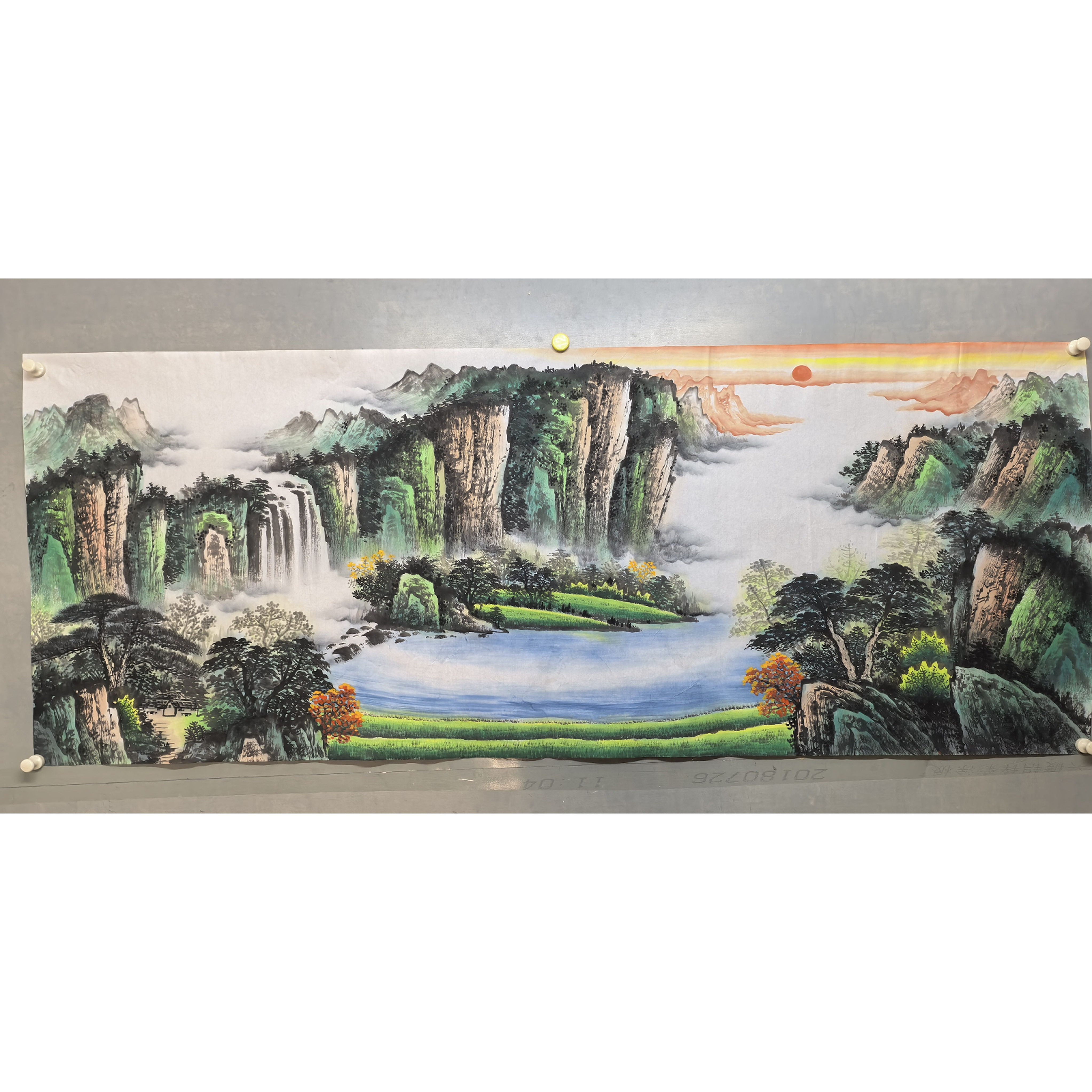 国画风水客厅茶楼未裱山水字画青绿手绘原稿方正小六尺聚宝盆横幅